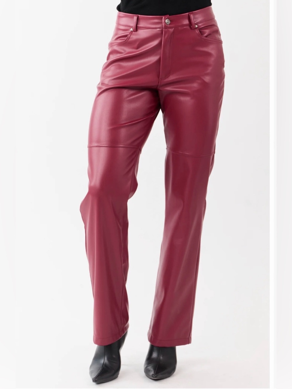 Maroon High-Rise Faux Leather Straight Leg Pants